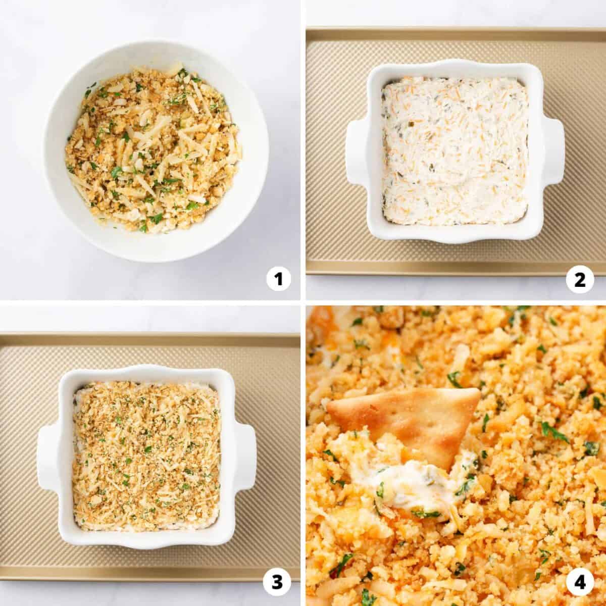 Showing how to make jalapeno popper dip in a 4 step collage.