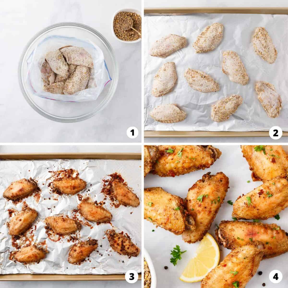 Showing how to make lemon pepper wings in a 4 step collage.