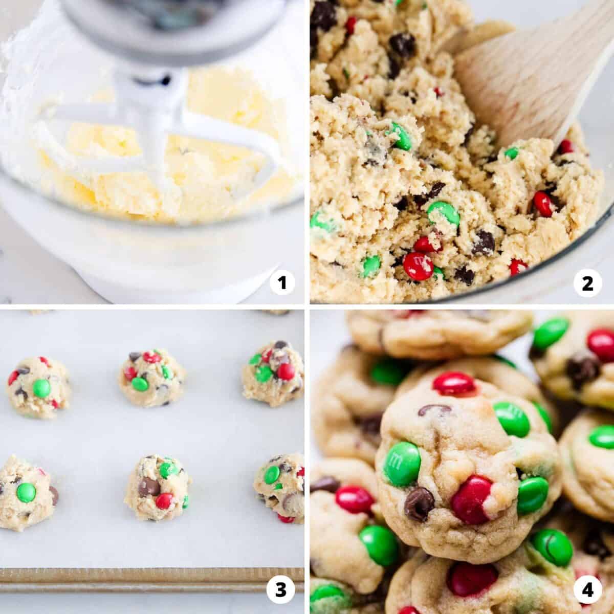 Showing how to make Christmas M&M cookies in a 4 step collage. 