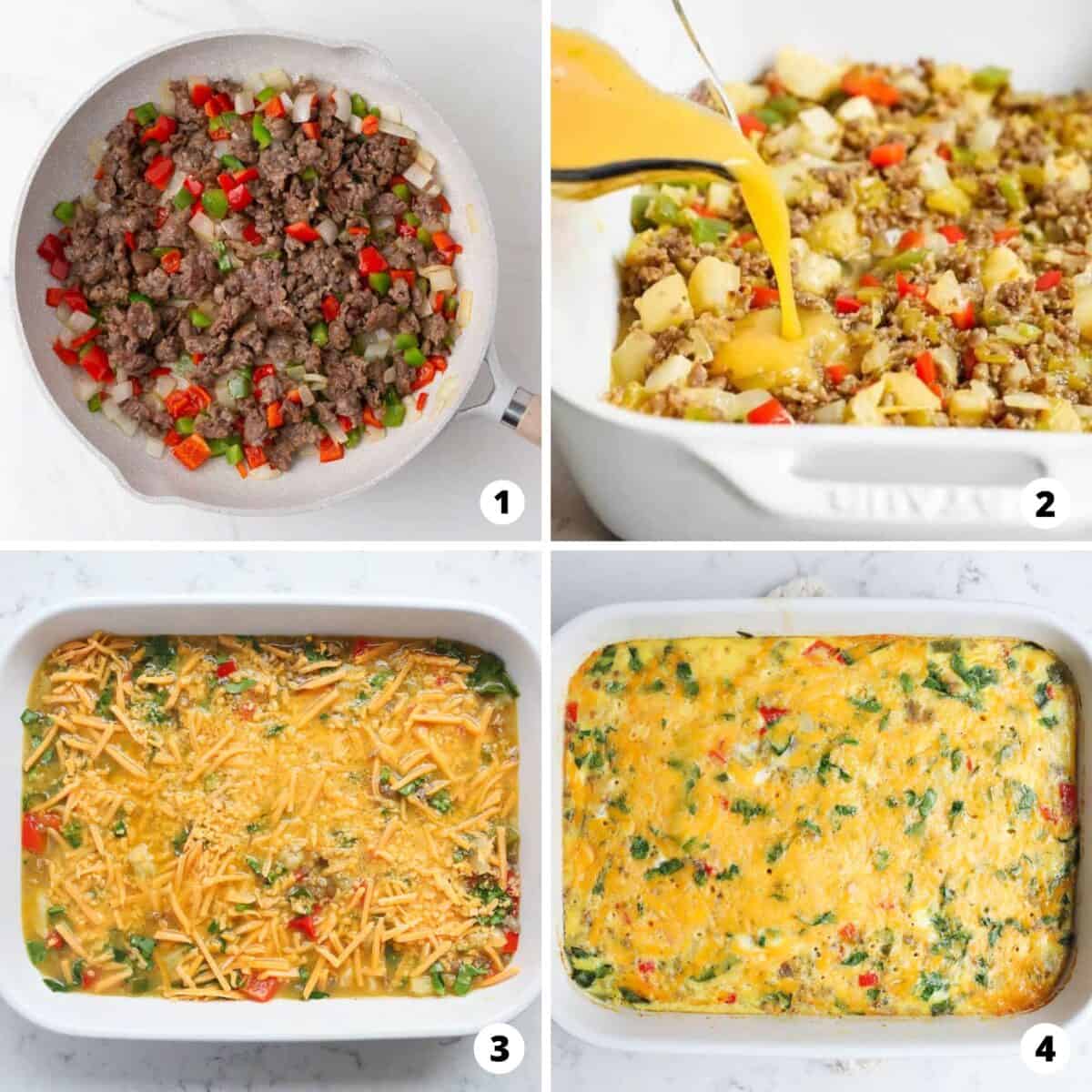 Showing how to make an overnight breakfast casserole in a 4 step collage.