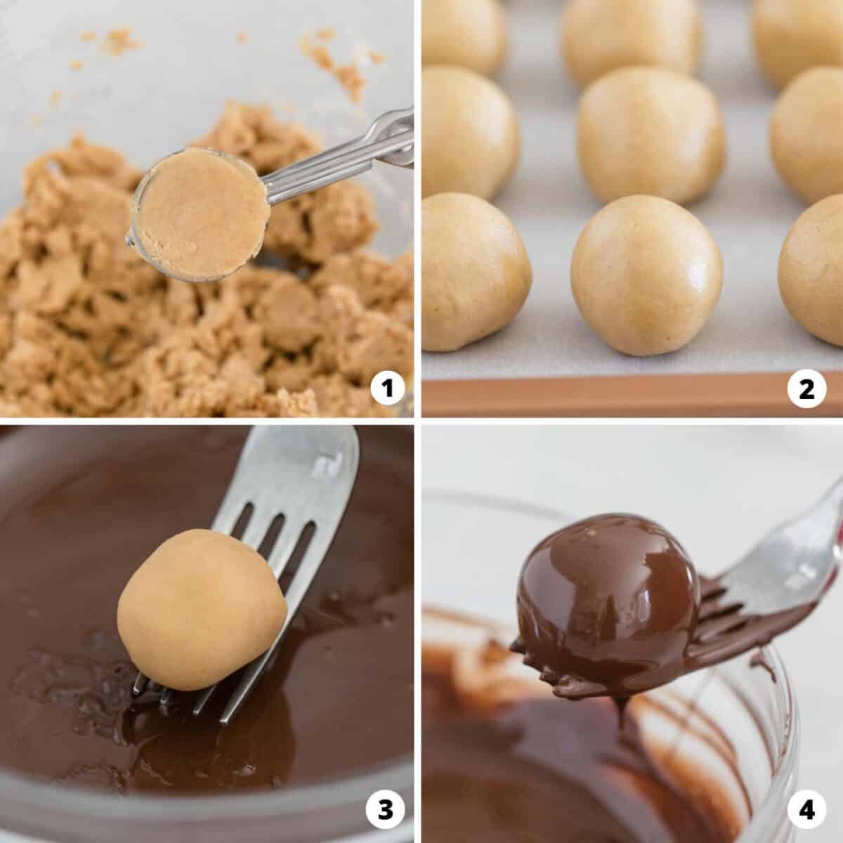 Showing how to make peanut butter balls in a 4 step collage.