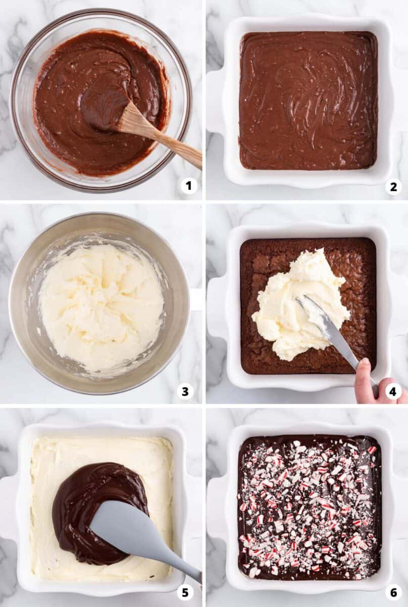 Showing how to make peppermint brownies in a 6 step collage.