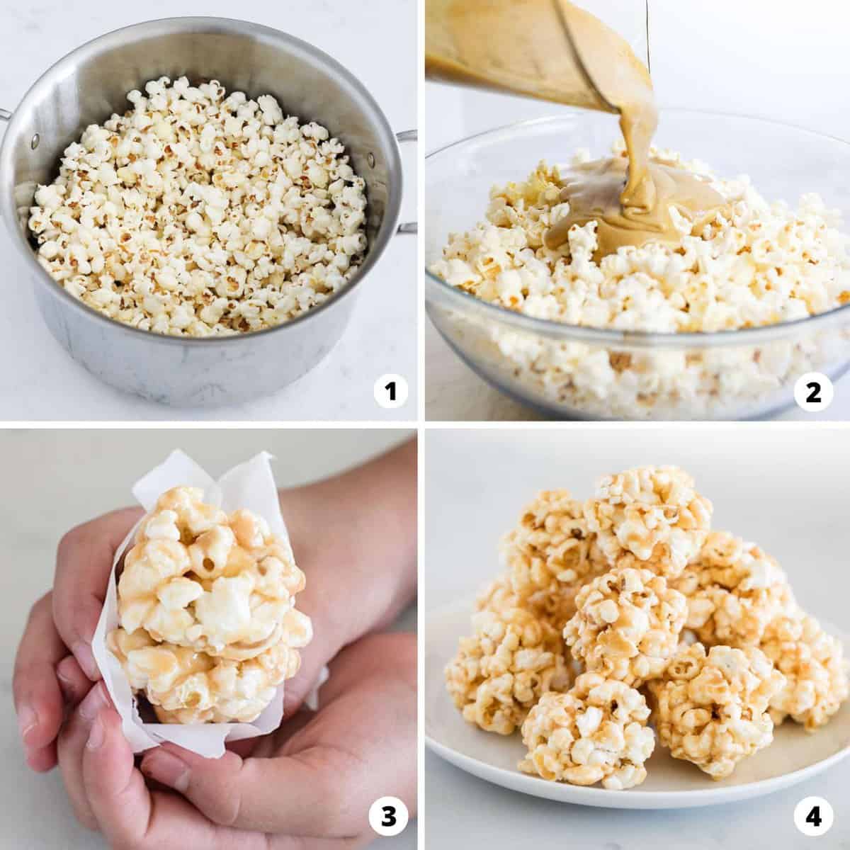 The process of making popcorn balls in a four step photo collage. 