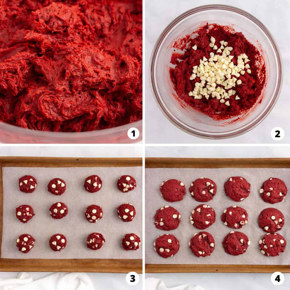 A collage of photos showing how to make red velvet cake mix cookies.