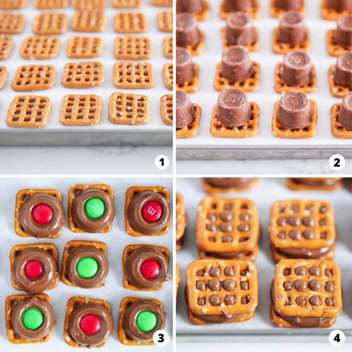 Showing how to make rolo pretzels in a 4 step collage.