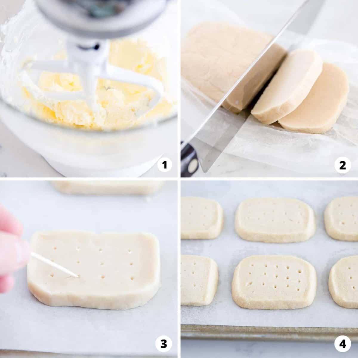 Showing how to make shortbread cookies in a 4 step collage.