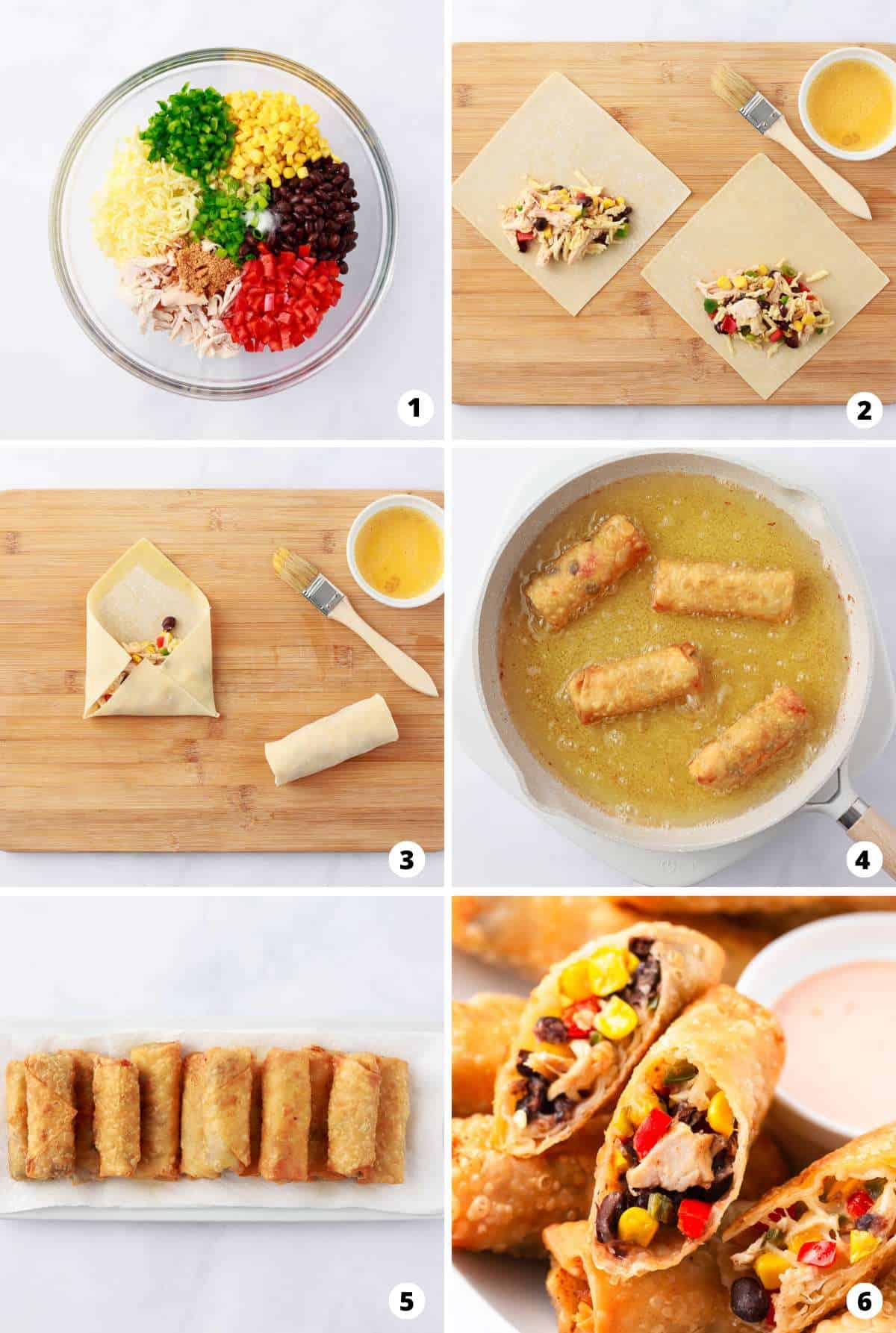 Showing how to make southwest egg rolls in a 6 step collage.