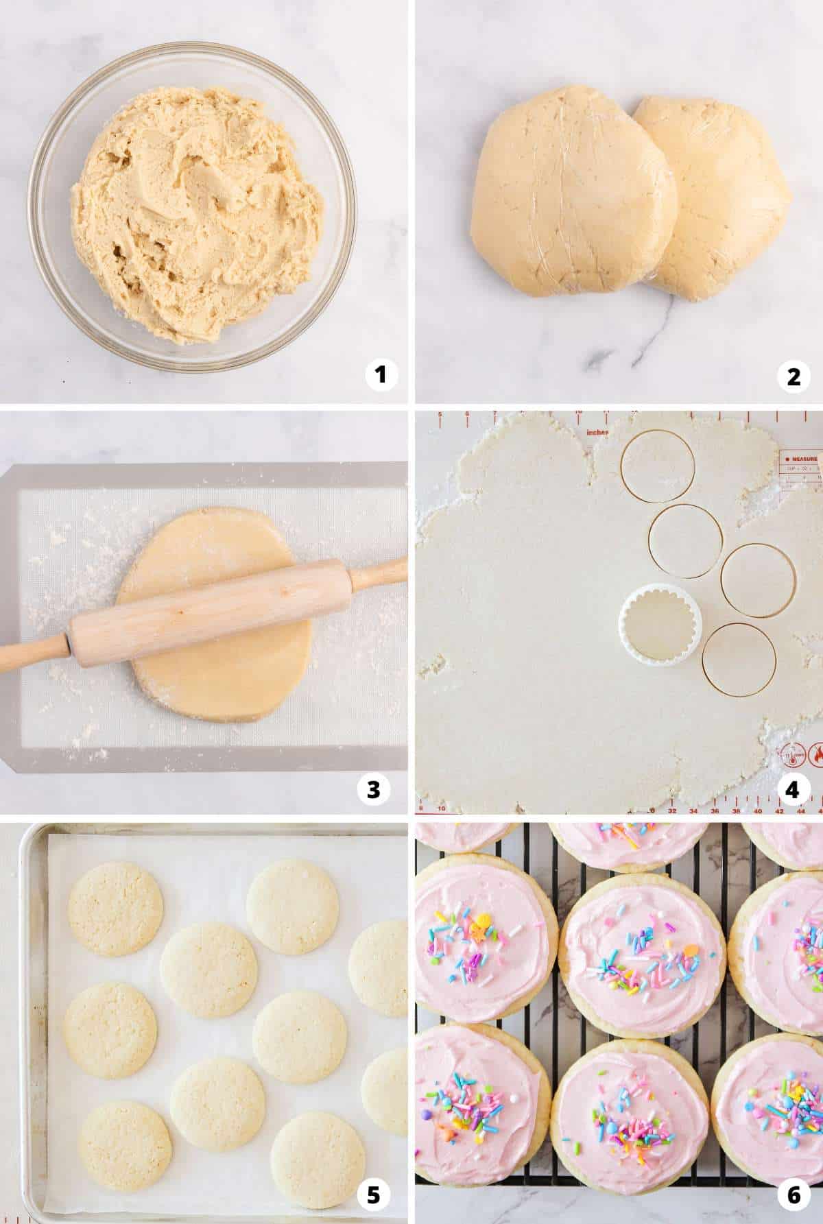 Showing how to make sugar cookies in a 6 step collage.