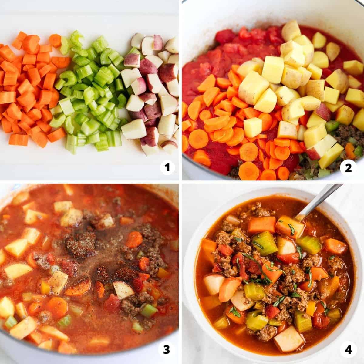 This homemade vegetable beef soup is easy to make with ground beef and nutritious veggies simmered in a flavorful tomato based broth. It's hearty, healthy, and the perfect comfort food to enjoy during winter! Showing how to make vegetable beef soup in a 4 step collage.
