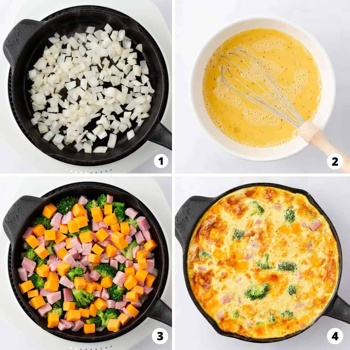 Showing how to make a ham and cheese frittata in a 4 step collage.