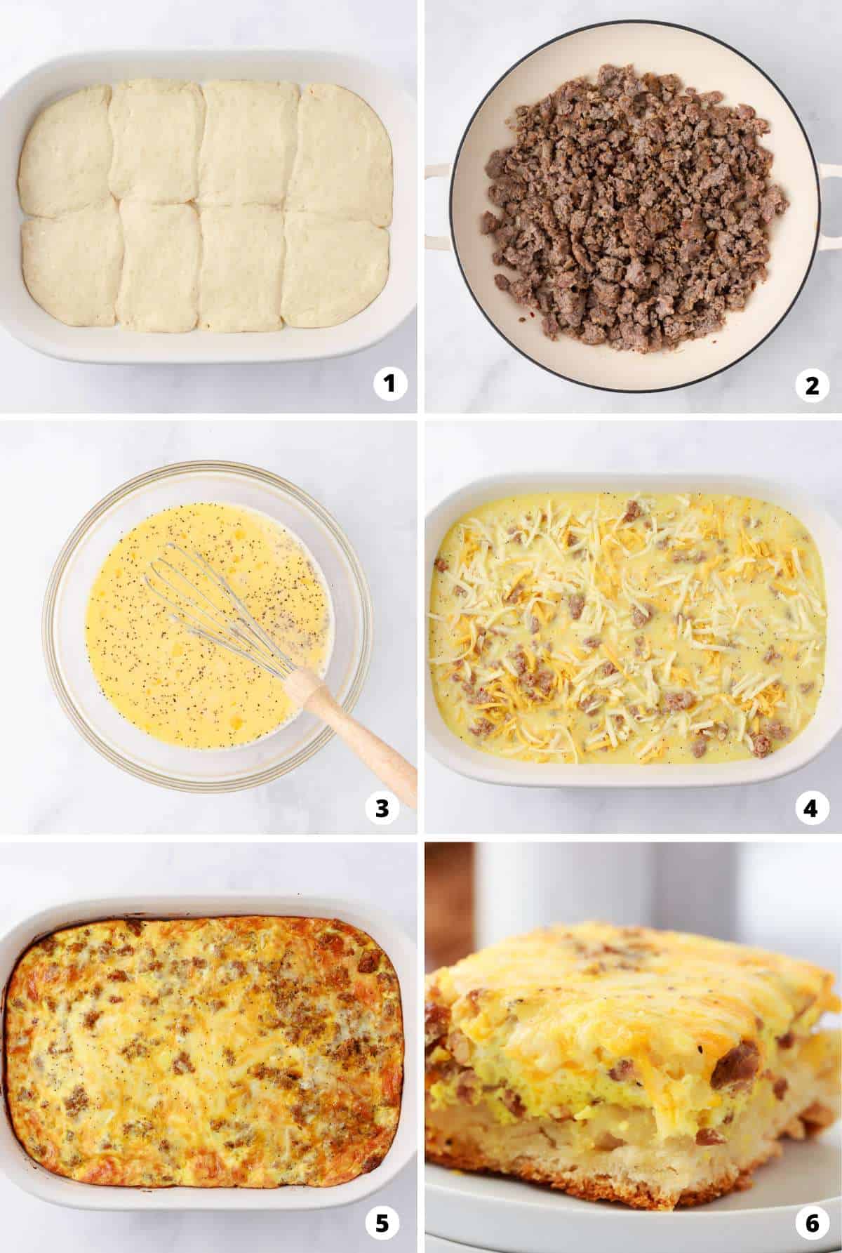 Showing how to make a breakfast casserole with biscuits in a 6 step collage. 