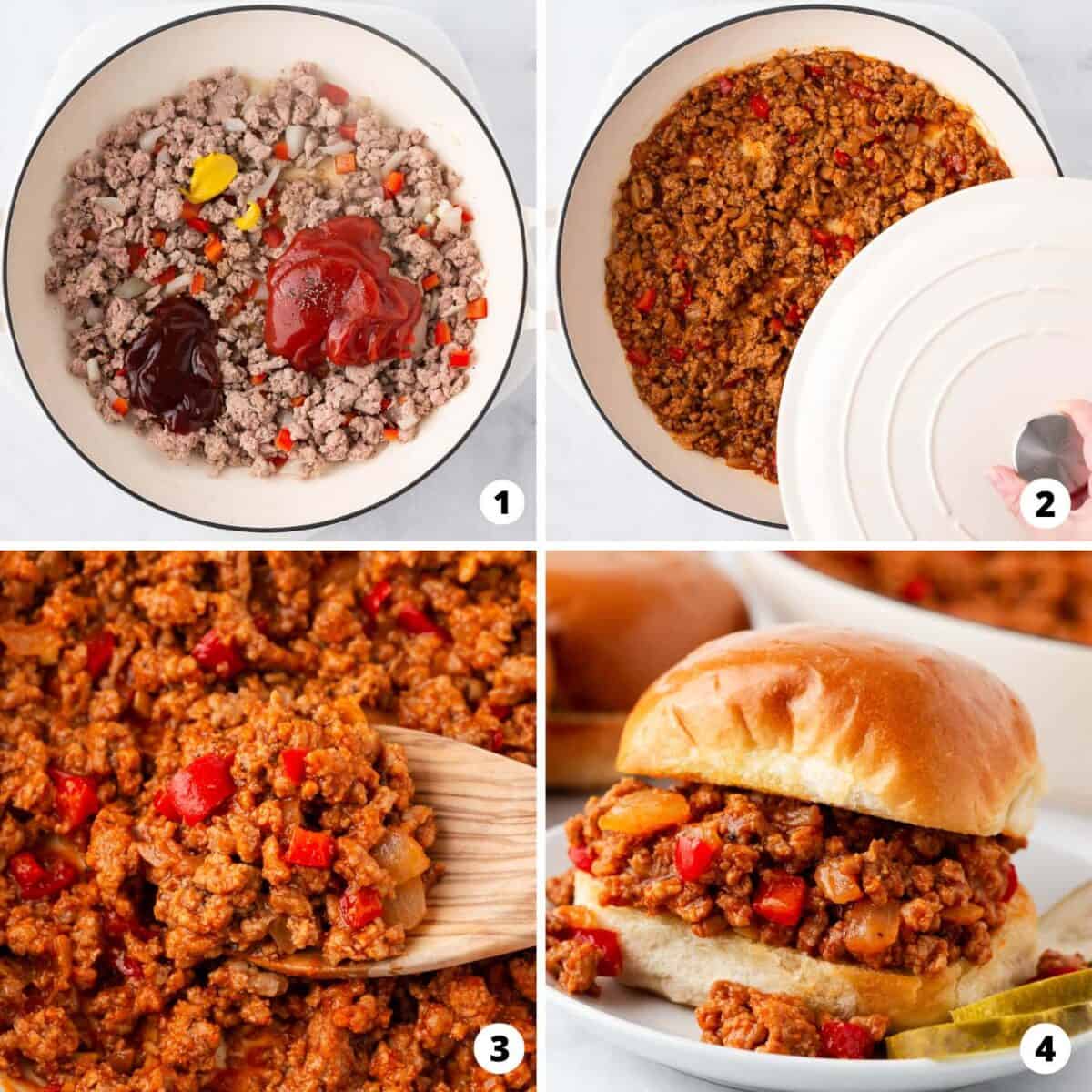 Showing how to make a sloppy joe in a 4 step collage. 