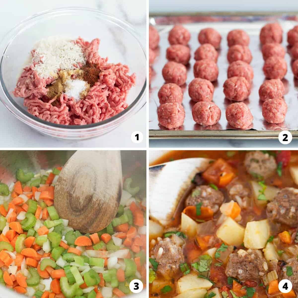 Showing how to make albondigas soup in a 4 step collage.
