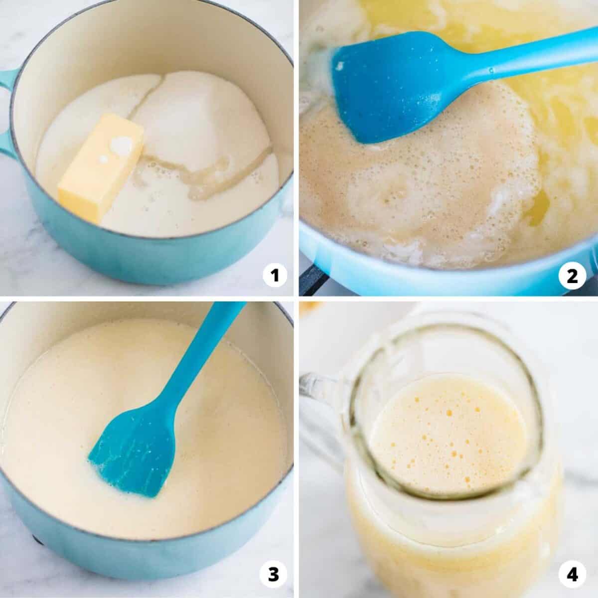 Showing how to make buttermilk syrup in a 4 step collage.
