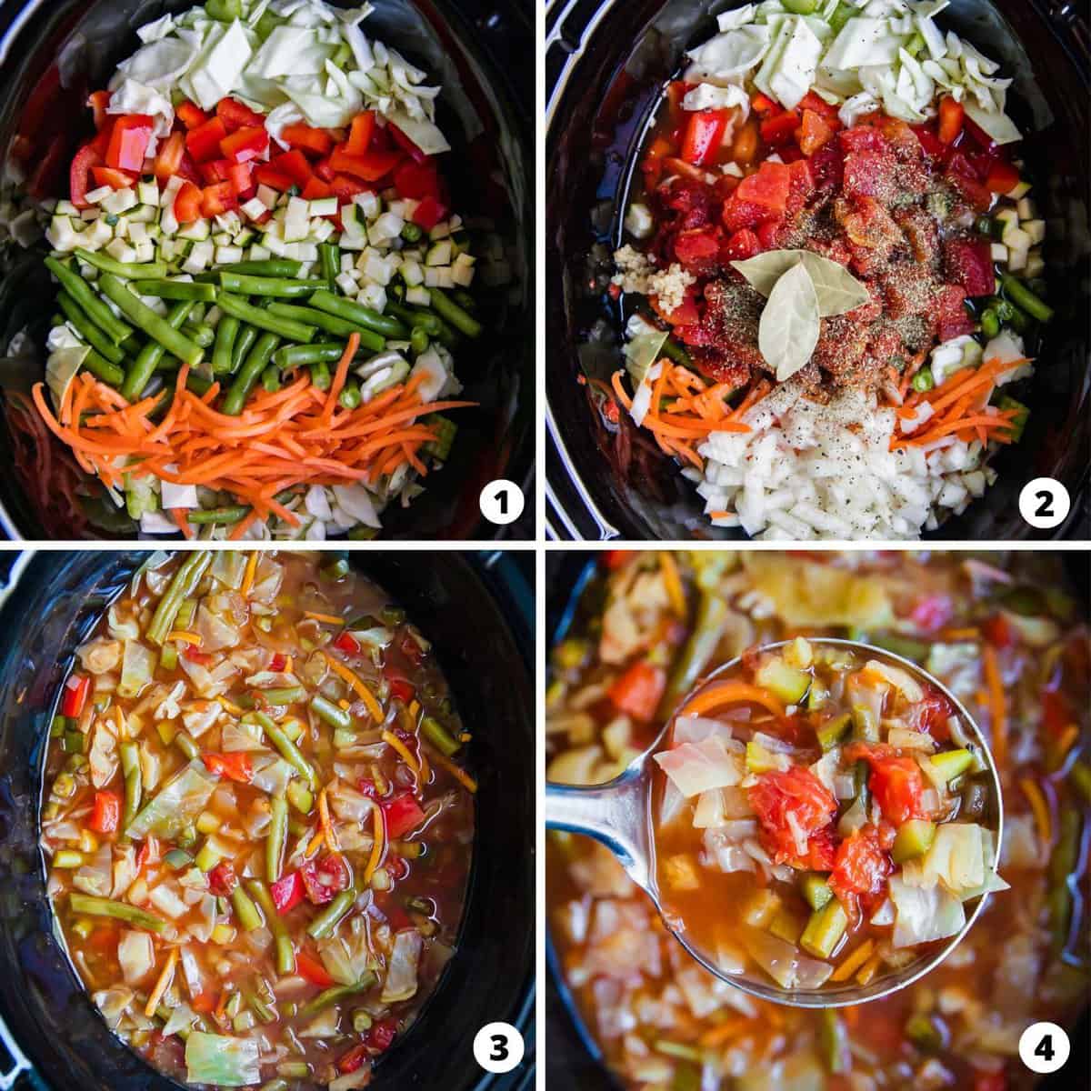 Showing how to make cabbage soup in a 4 step collage.