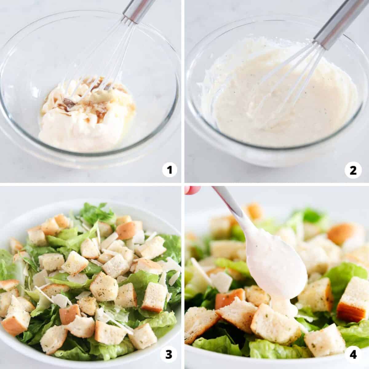 Showing how to make caesar salad dressing in a 4 step collage.