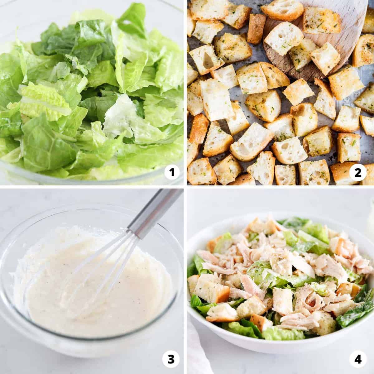 Showing how to make chicken caesar salad in a 4 step collage. 