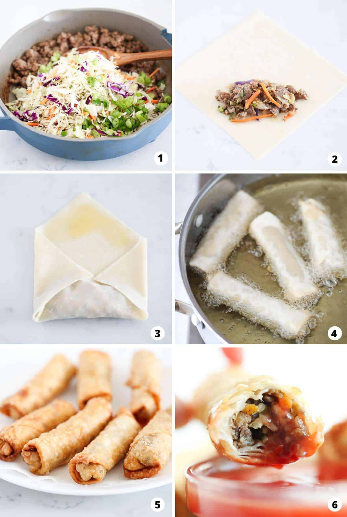 Step by step egg roll instructions in a collage. 