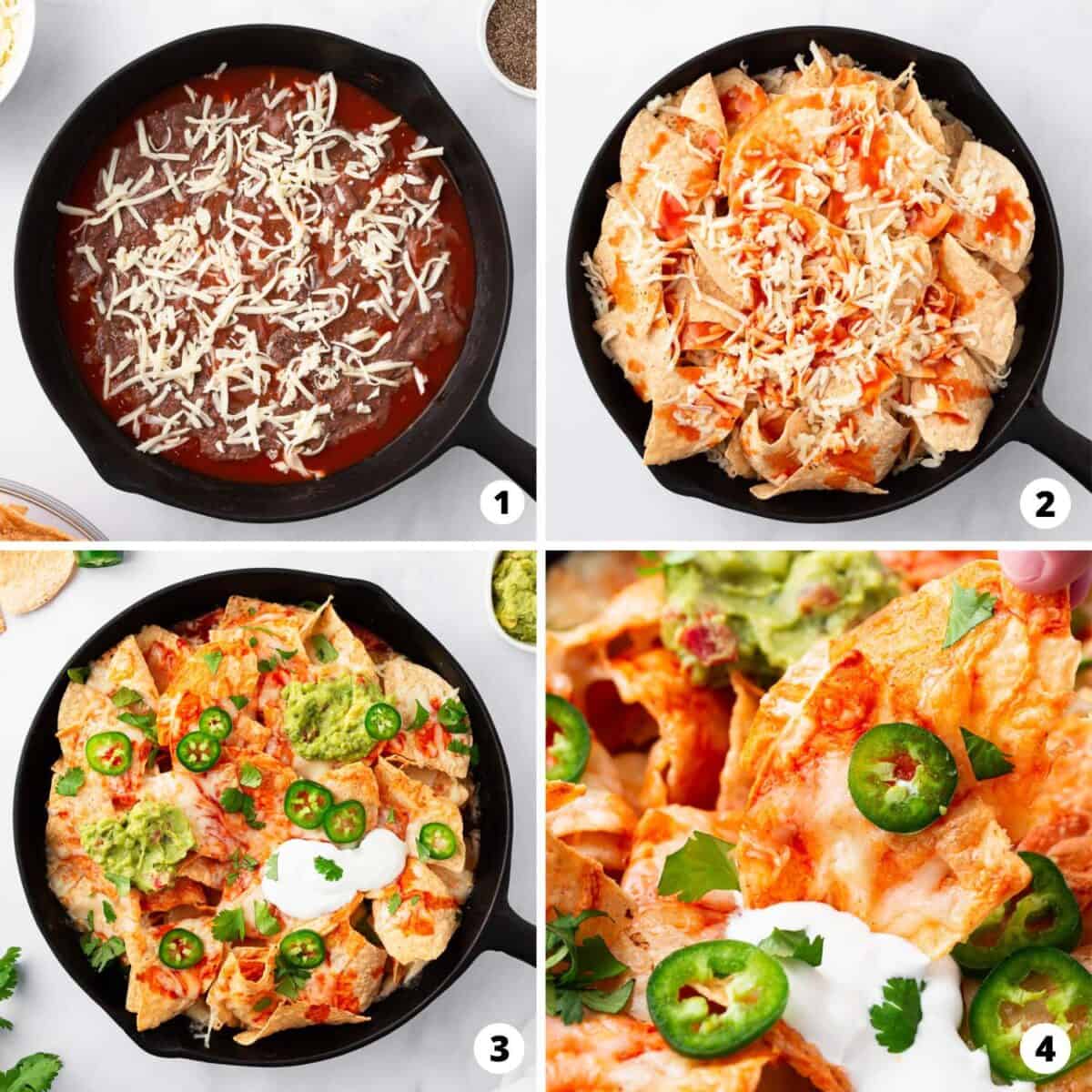 Showing how to make nachos in the oven in a 4 step collage.