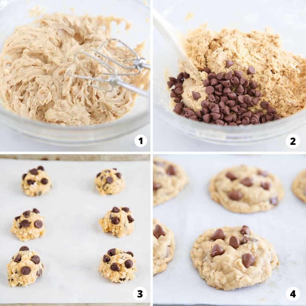 Showing how to make oatmeal chocolate chip cookies in a 4 step collage.