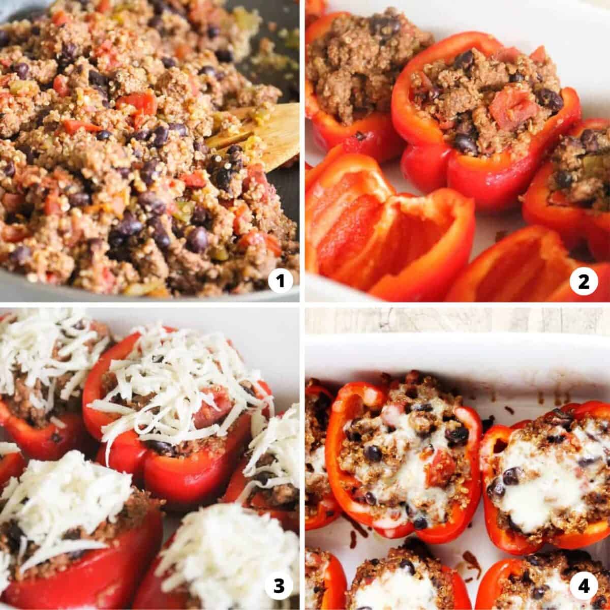Showing how to make quinoa stuffed peppers in a 4 step collage.