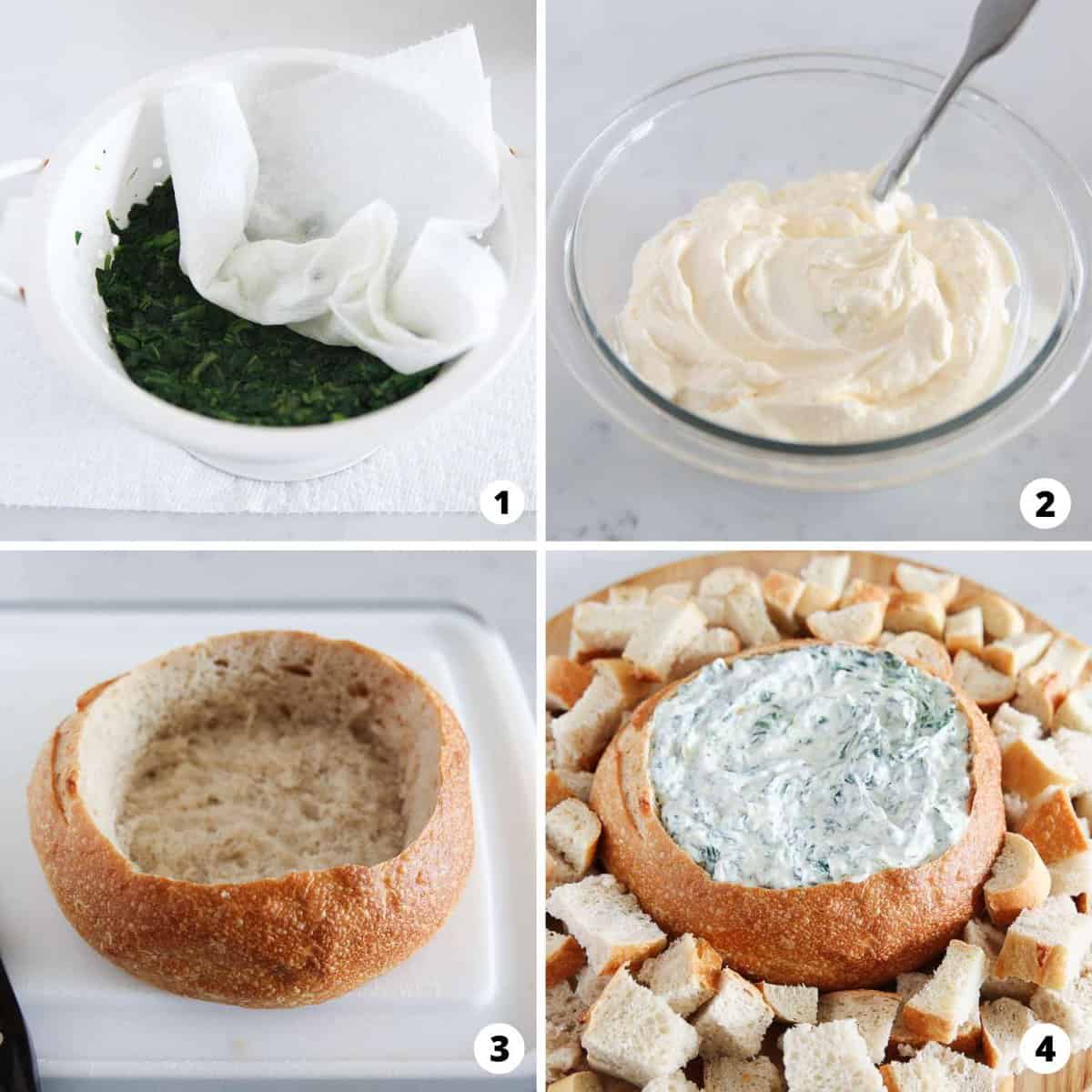 Showing how to make Knorr spinach dip in a 4 step collage.