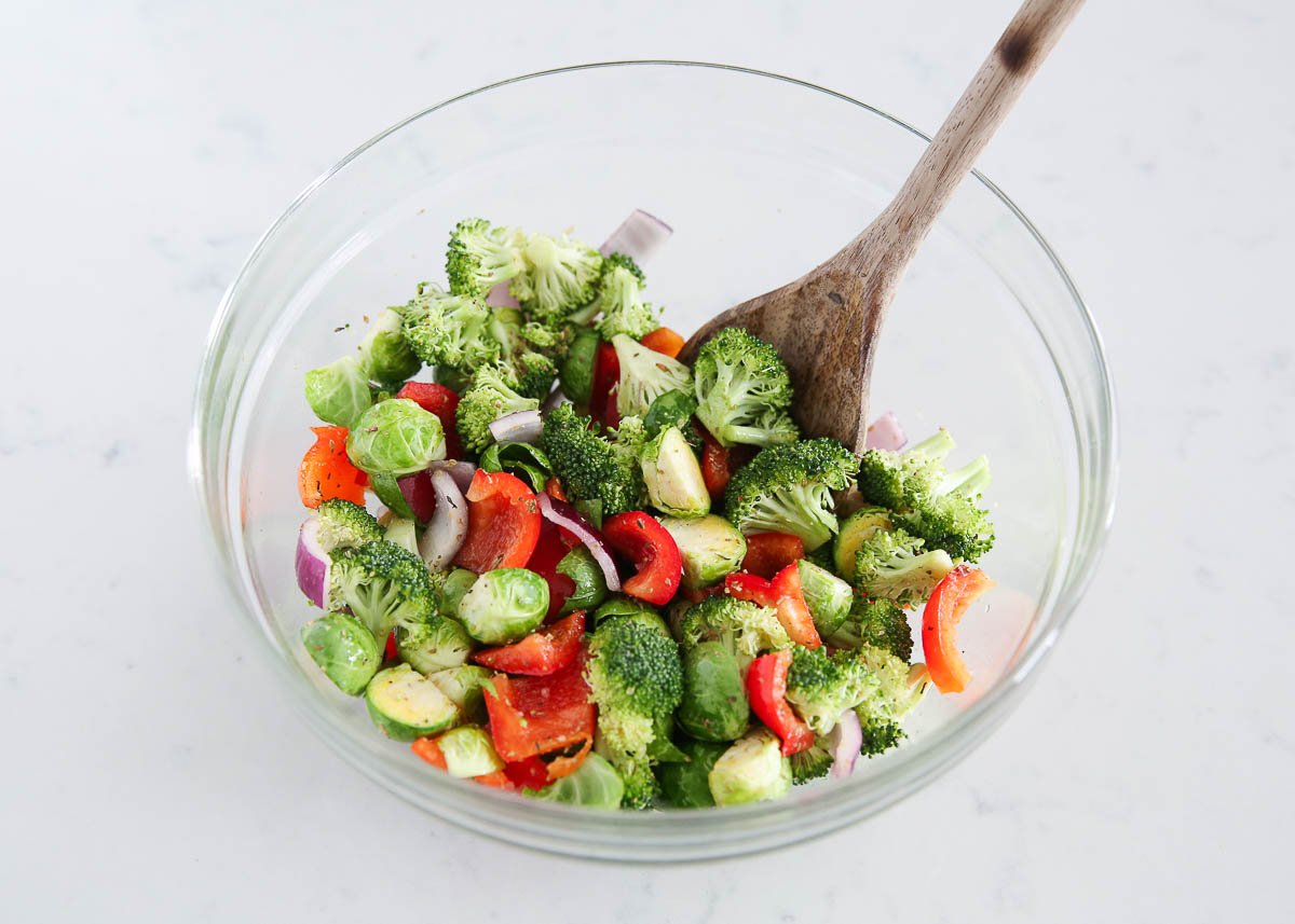 Vegetables in a glass bowl.