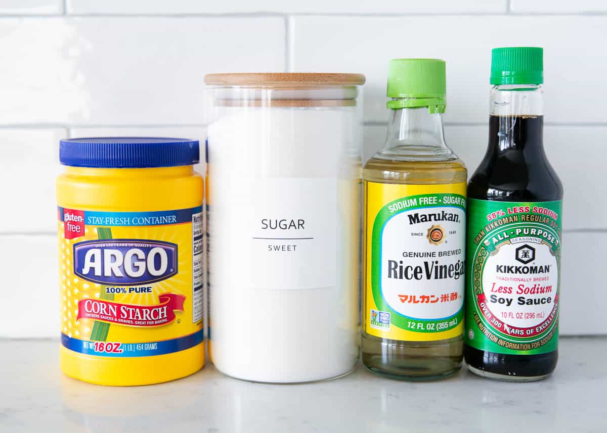 Kung pao sauce ingredients in a marble counter.