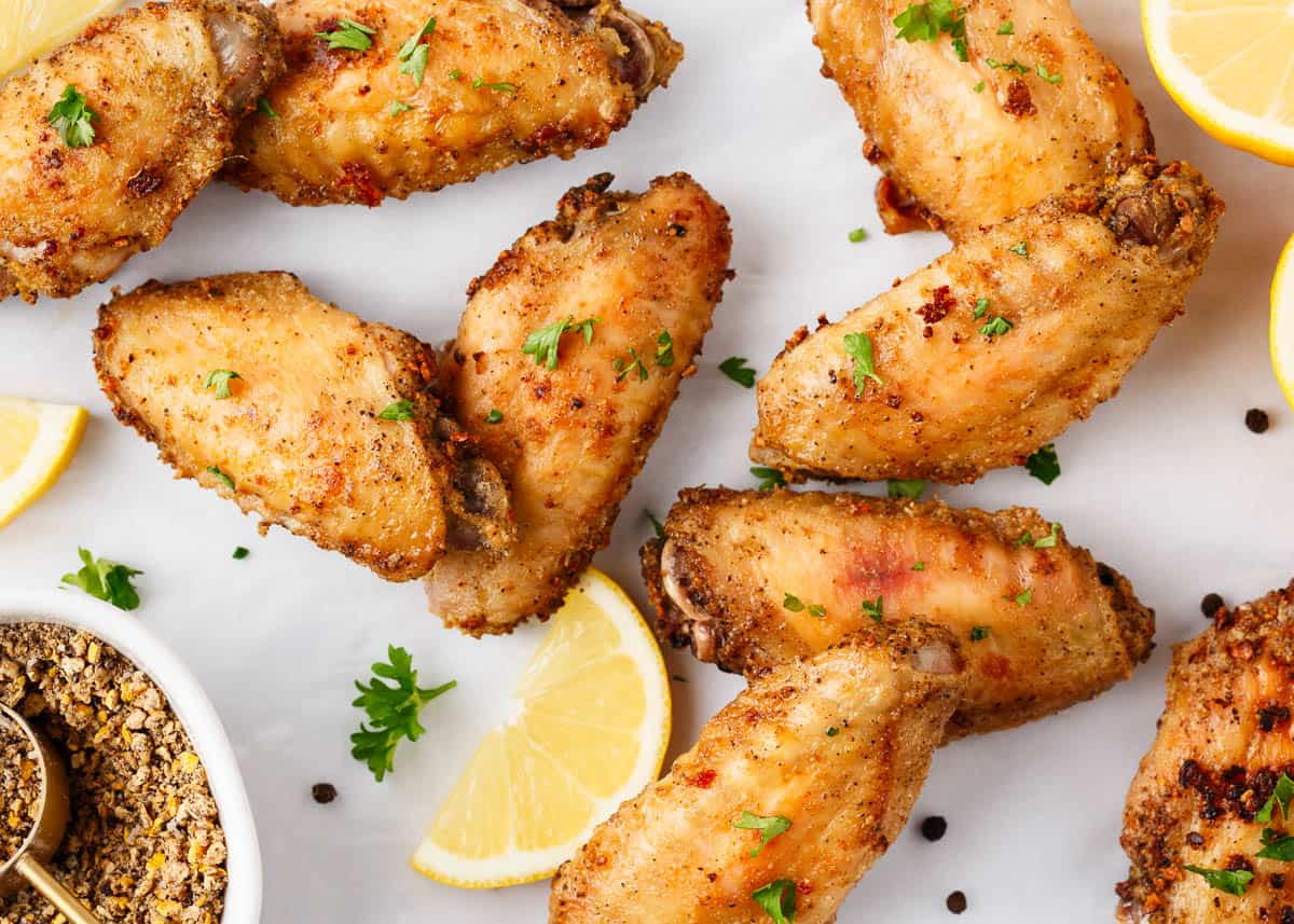 Lemon pepper wings on a platter.