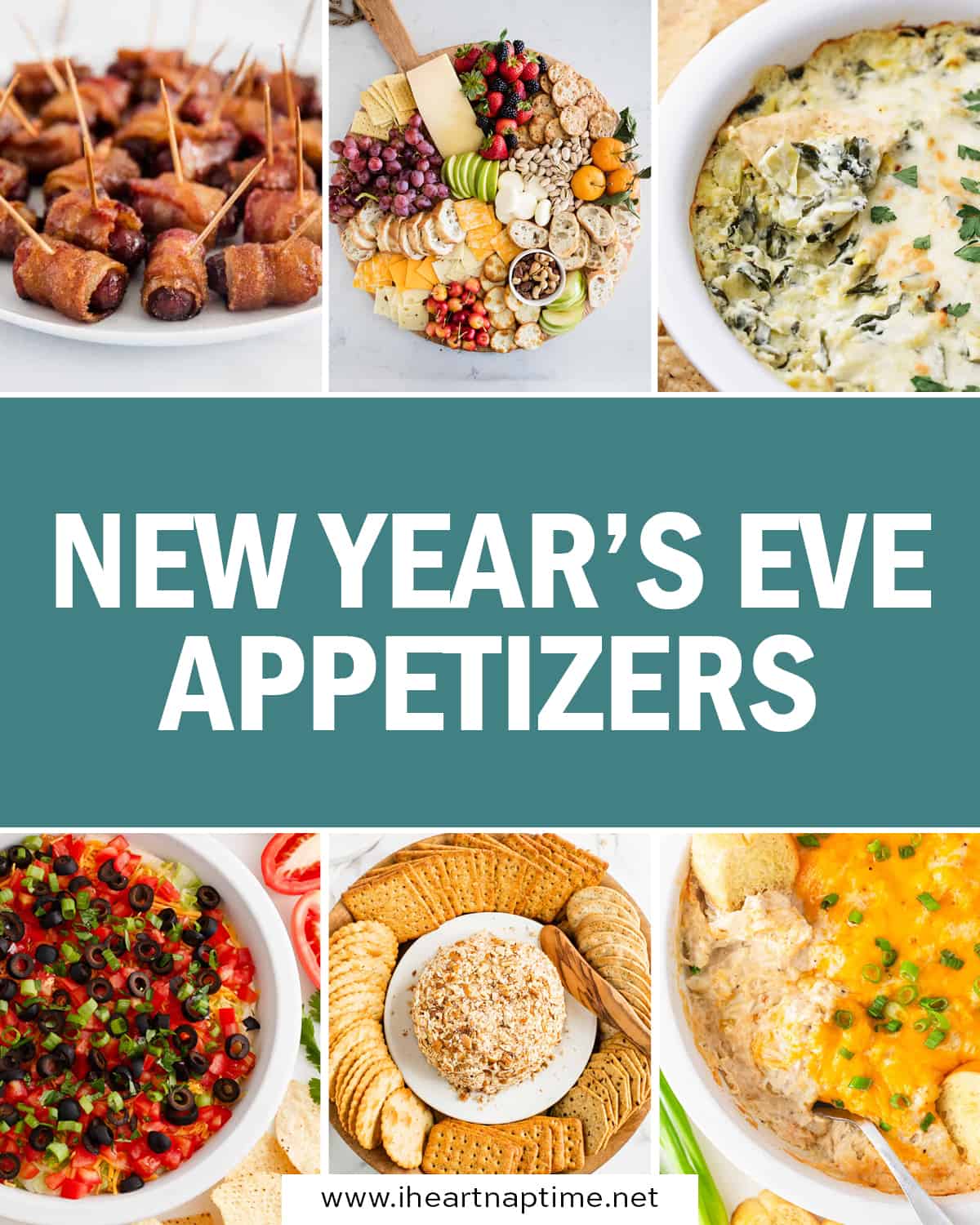 Recipe photo collage of New Year's Eve appetizers.