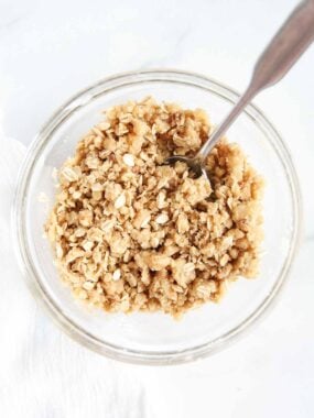Oat streusel topping in a glass bowl.