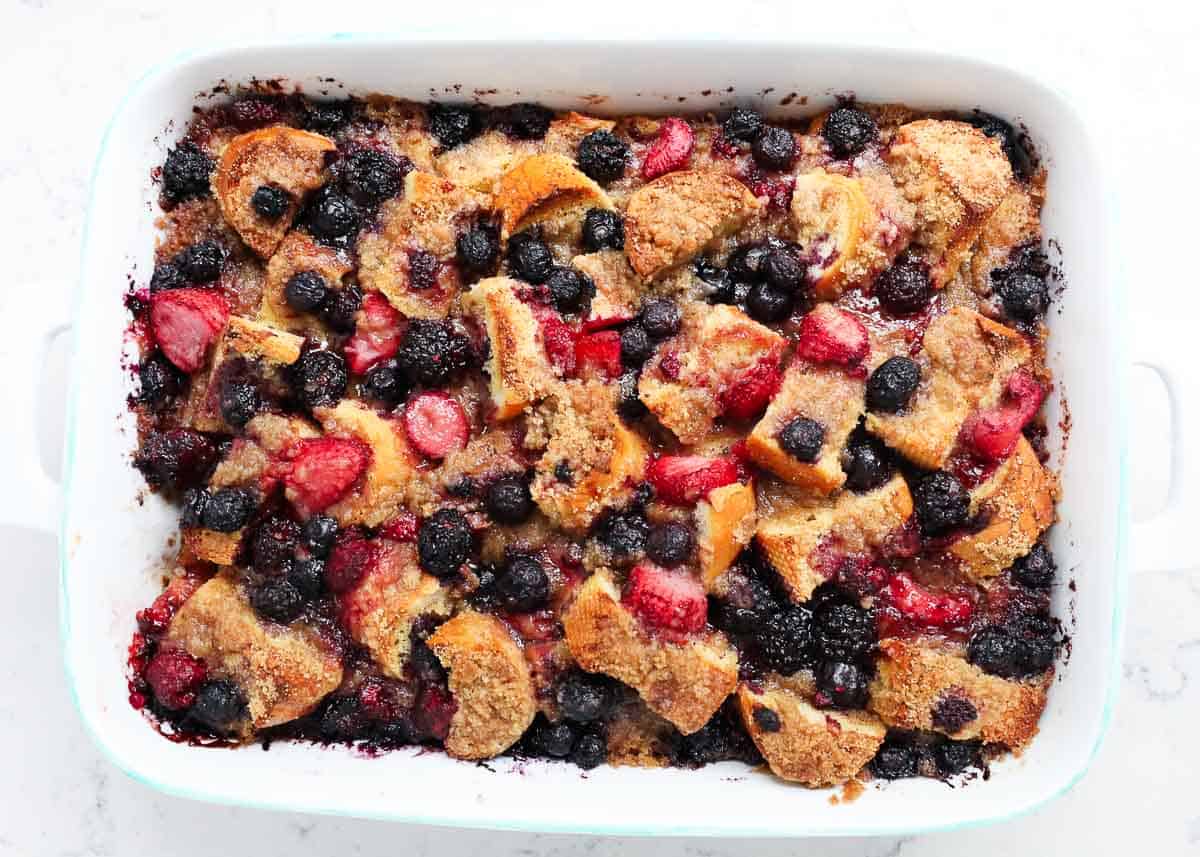 Overnight french toast casserole in a baking dish.