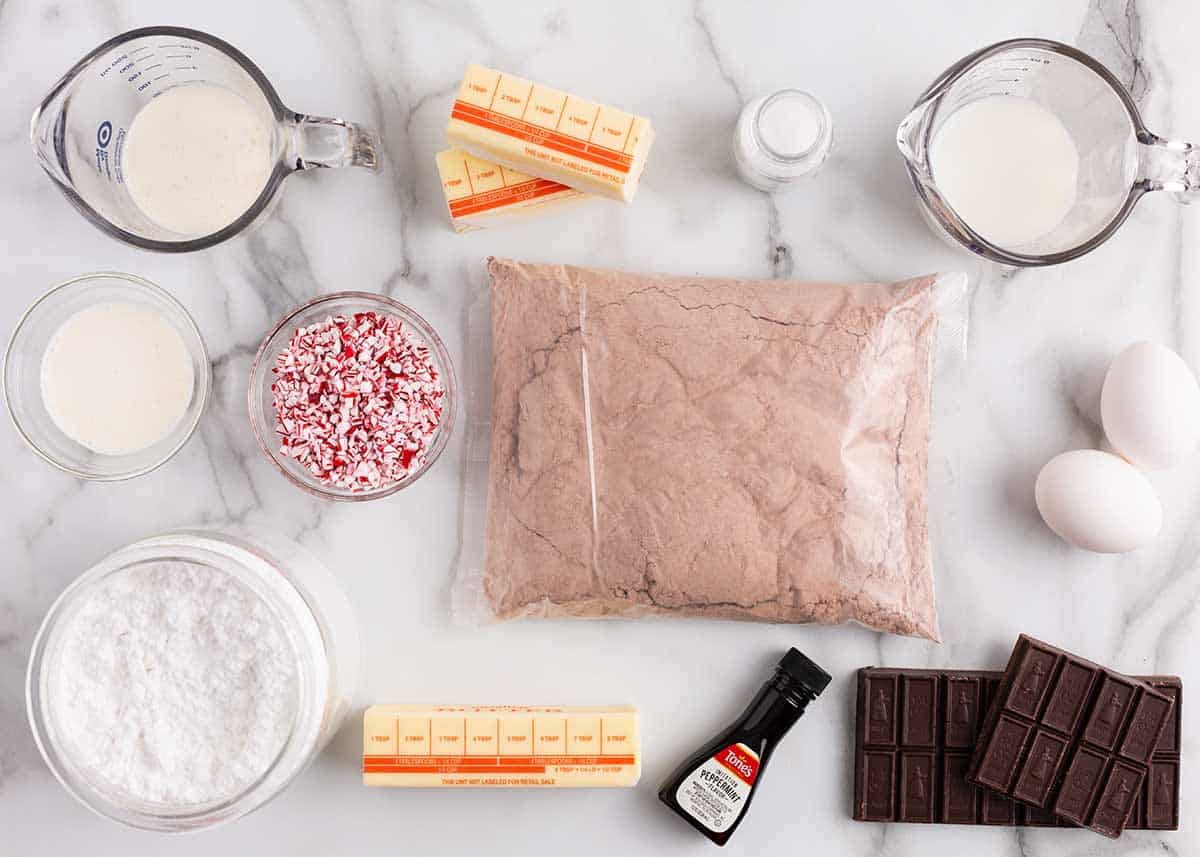 Peppermint brownie ingredients on the counter.