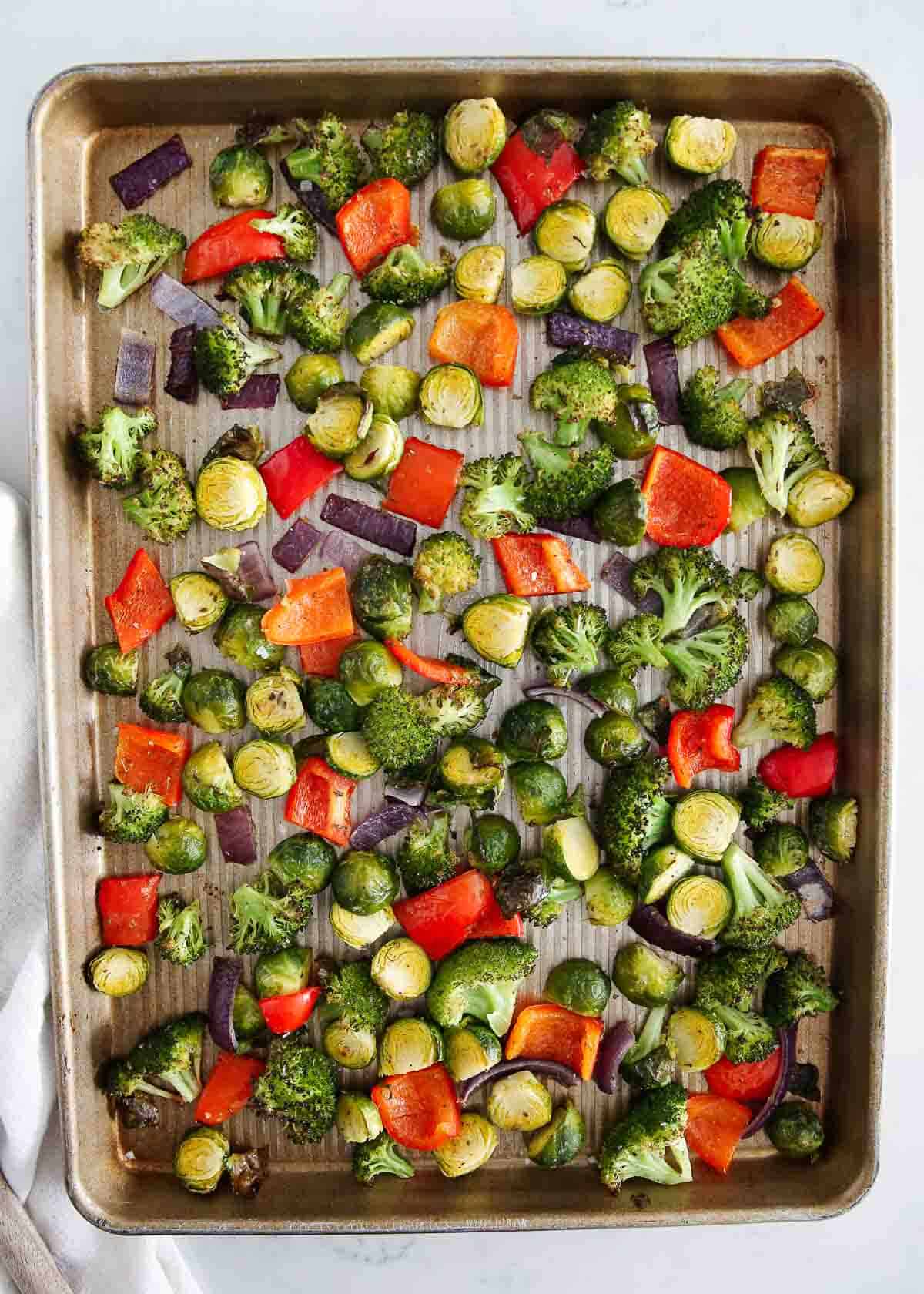 Sheet pan veggies on a pan.