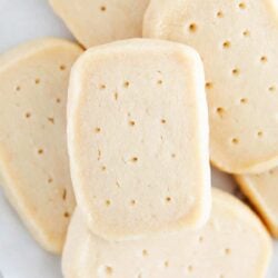 Shortbread cookies on a white plate.