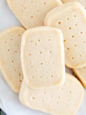 Shortbread cookies on a white plate.