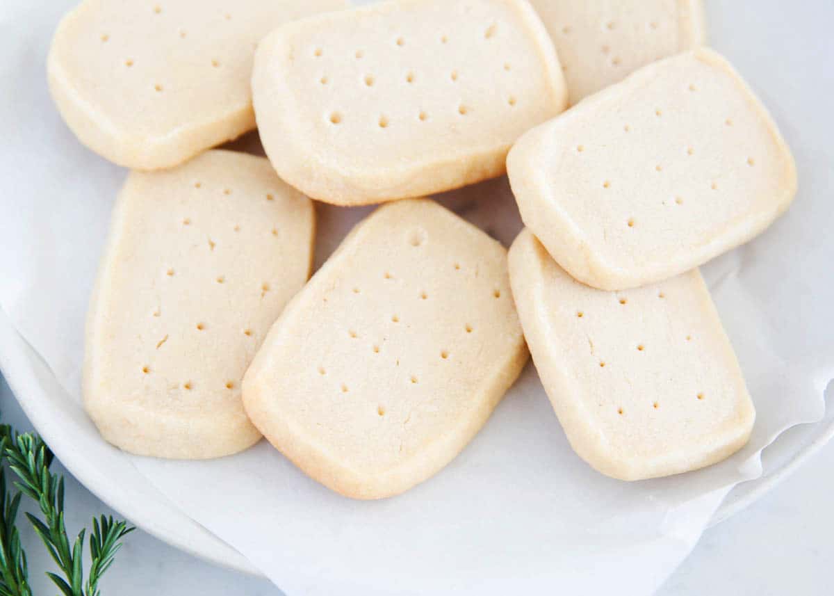 Shortbread cookies on a white plate.