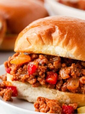 Sloppy joe on a white plate.