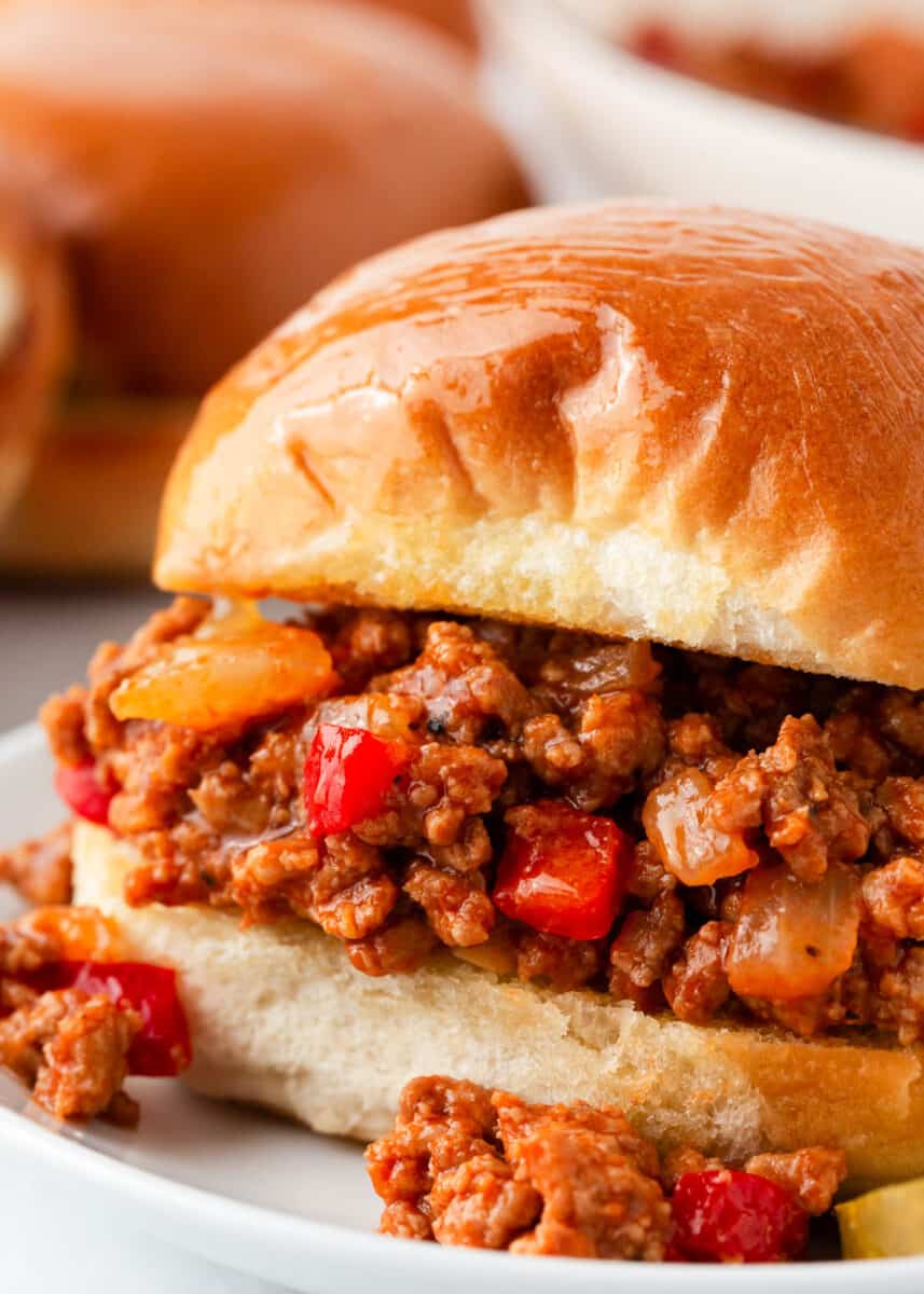 Sloppy joe on a white plate.