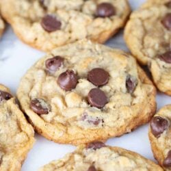 Oatmeal chocolate chip cookies on the counter.