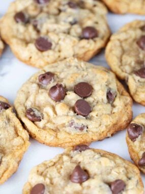 Oatmeal chocolate chip cookies on the counter.