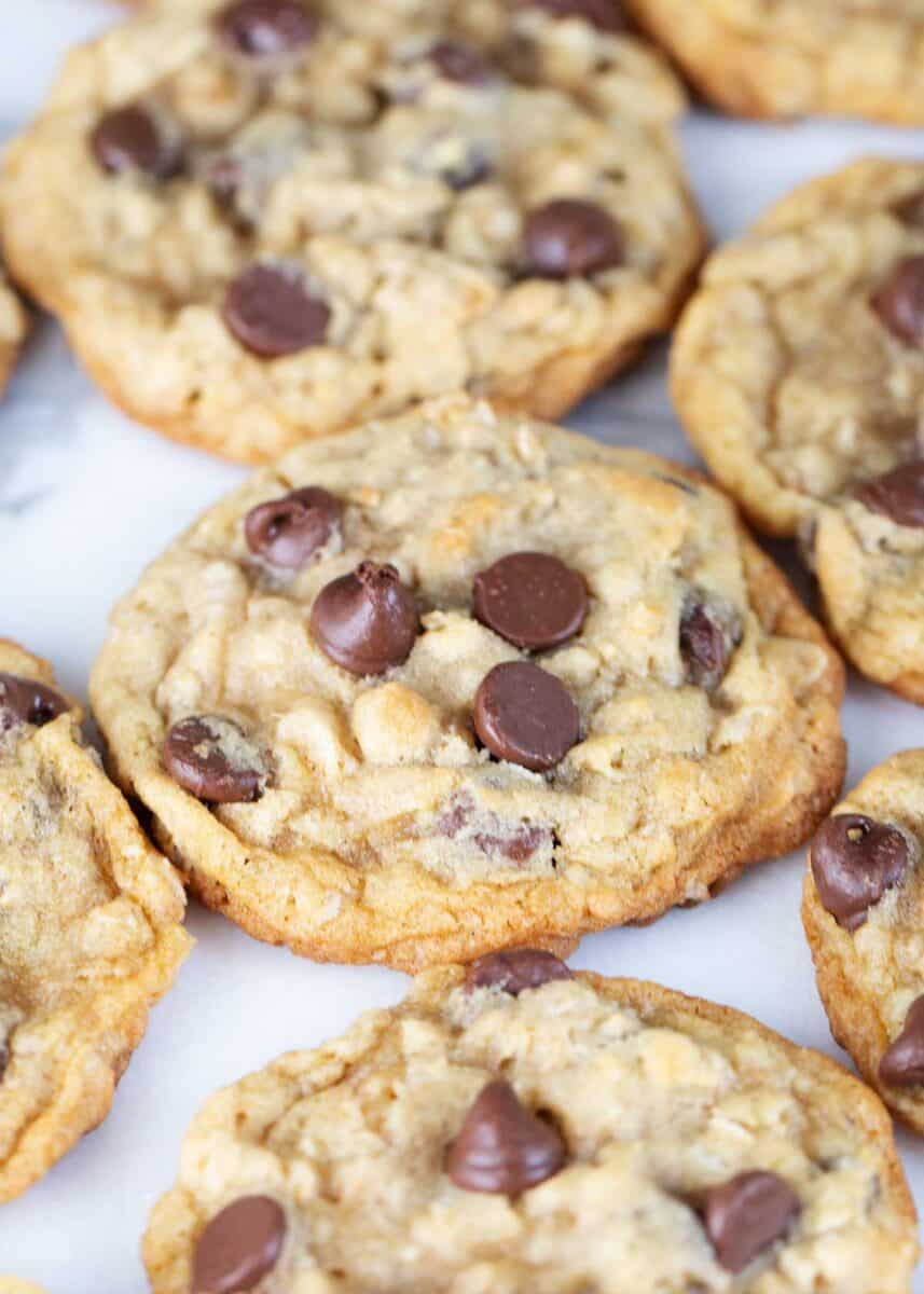 Oatmeal chocolate chip cookies on the counter.