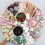 Hot chocolate charcuterie board on marble counter.