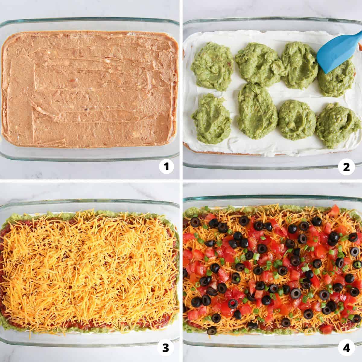 Showing how to make 7 layer dip in a 4 step collage.