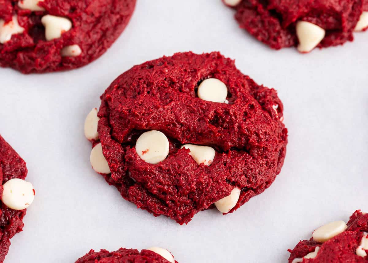 Red velvet cake mix cookies with white chocolate chips.