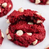 Red velvet cake mix cookies on counter.