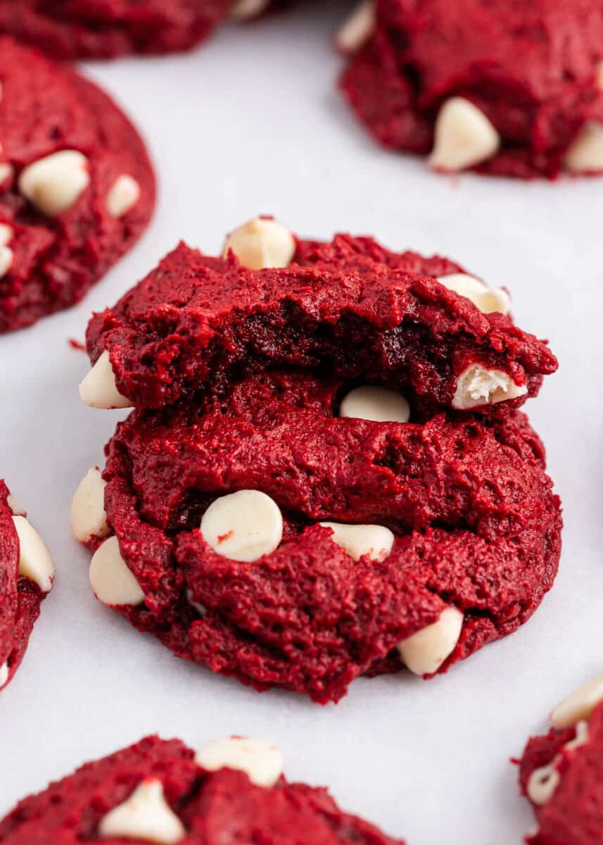 Red velvet cake mix cookies on counter.