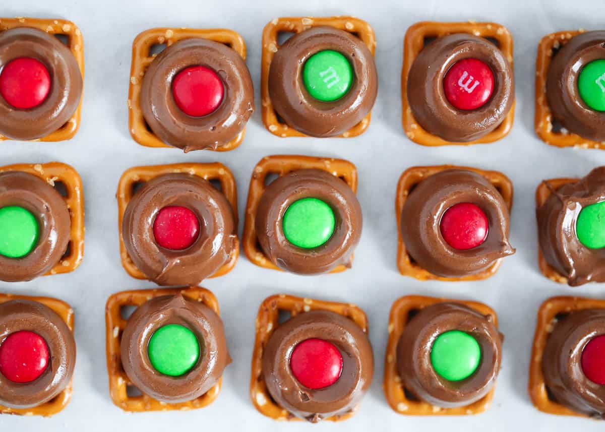 Rolo pretzels on a pan.