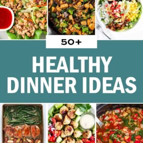 A photo collage of healthy dinner ideas.