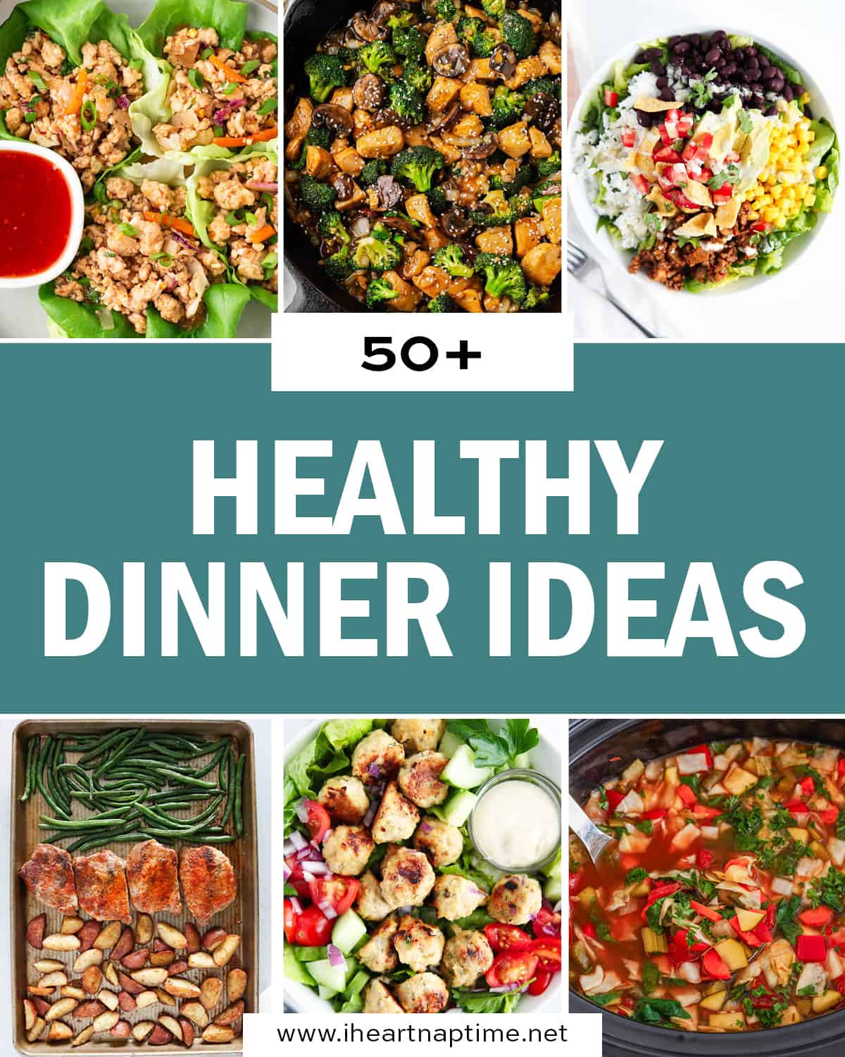 A photo collage of healthy dinner ideas.